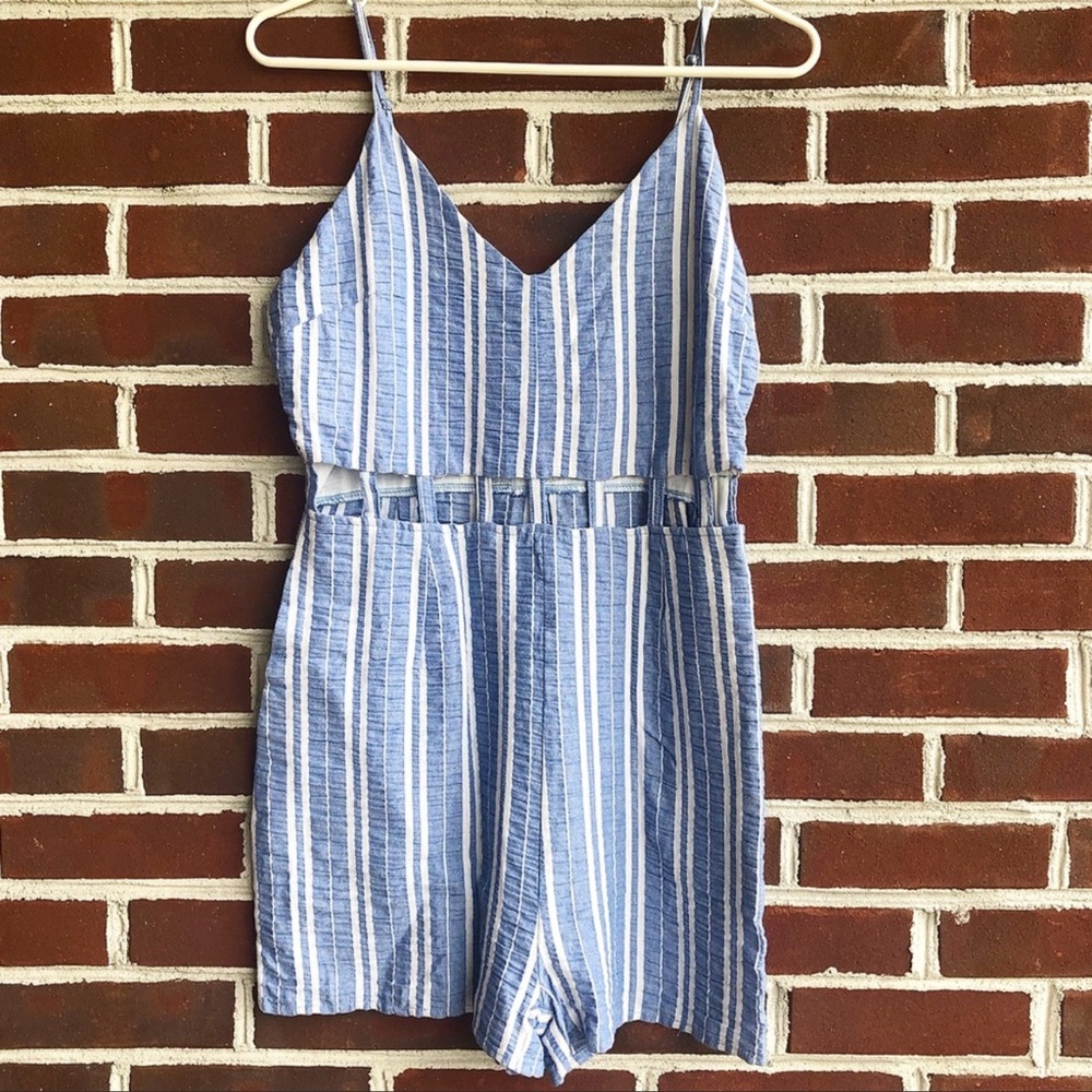 Nasty Gal blue & white cage front cut-out romper